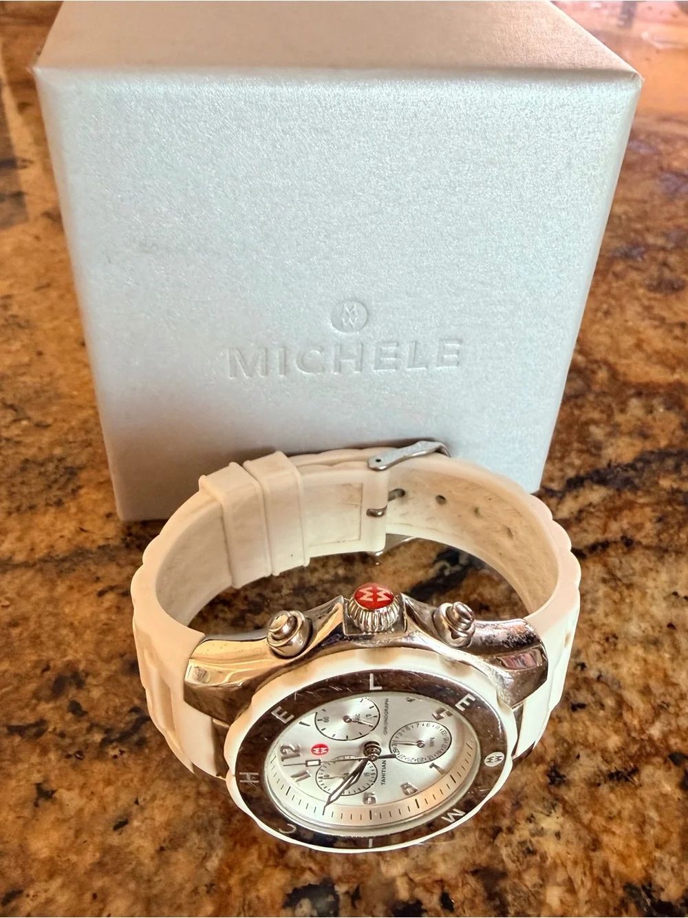 Michele White and Silver Jellybean Tahitian Chronograph Sport Watch Women’s